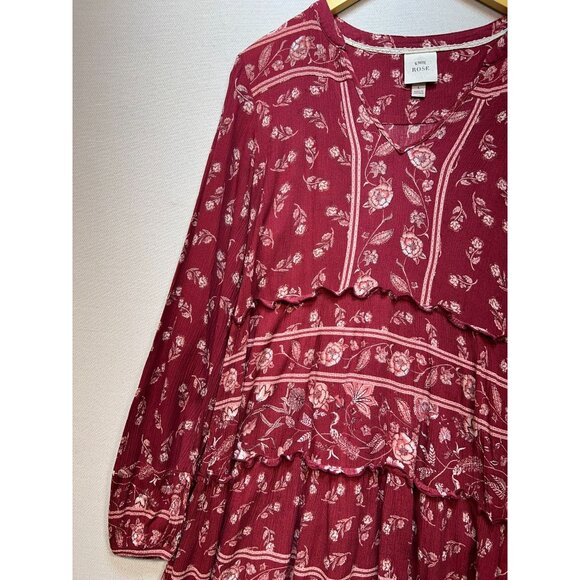 Knox Rose Womens Peasant Boho Tiered Dress Size L Burgundy Red Floral - Picture 5 of 11
